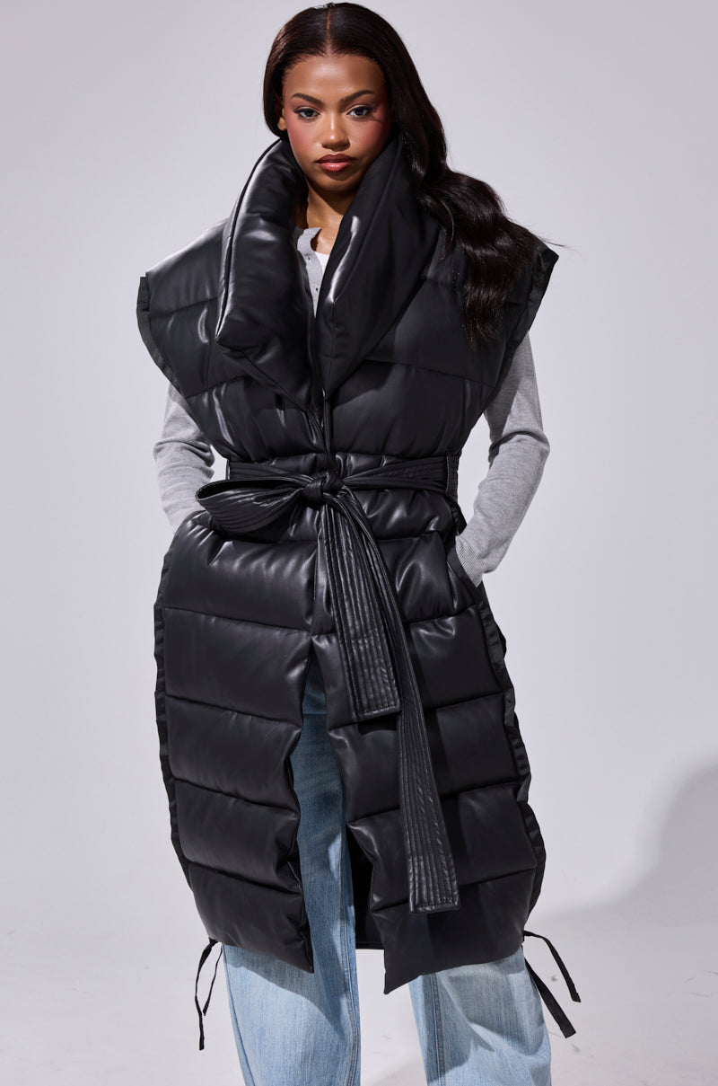 PILOT JONES LONGLINE PUFFER VEST IN FAUX LEATHER