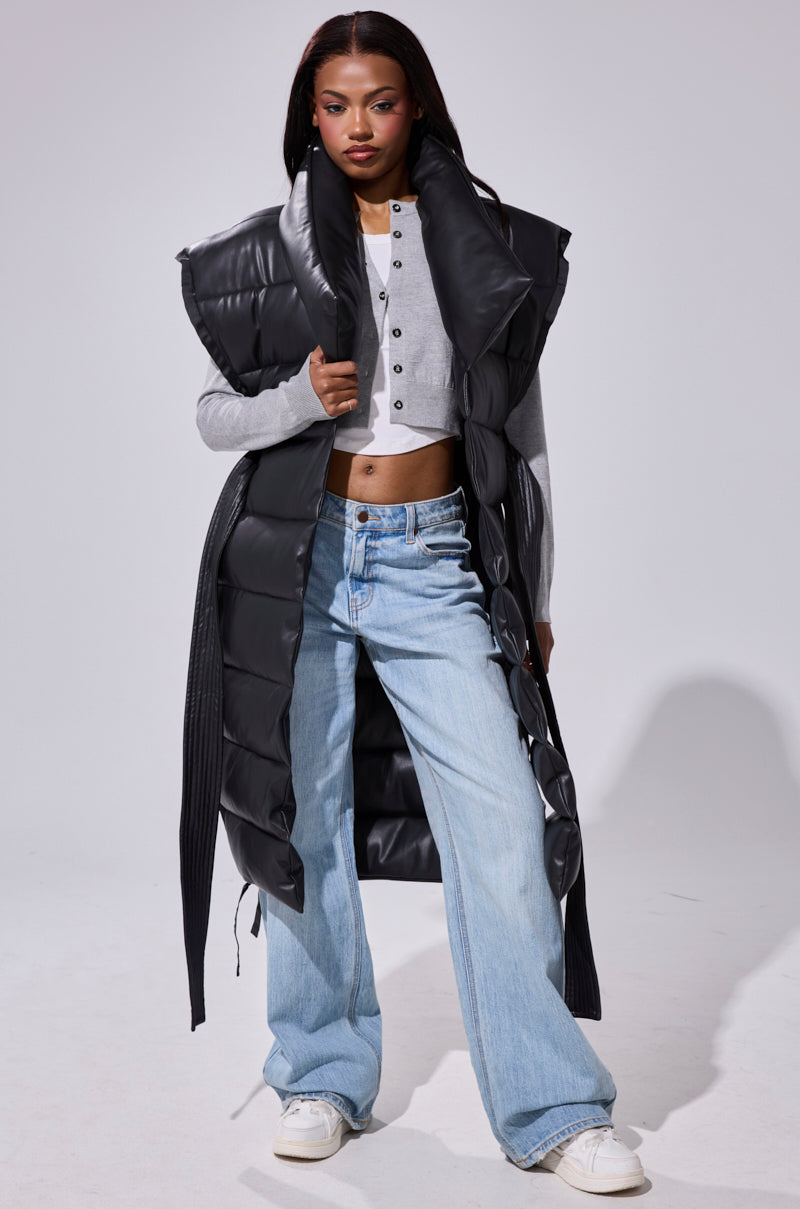 PILOT JONES LONGLINE PUFFER VEST IN FAUX LEATHER