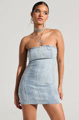 JUST WANNA ROCK DENIM RHINESTONE MINI DRESS