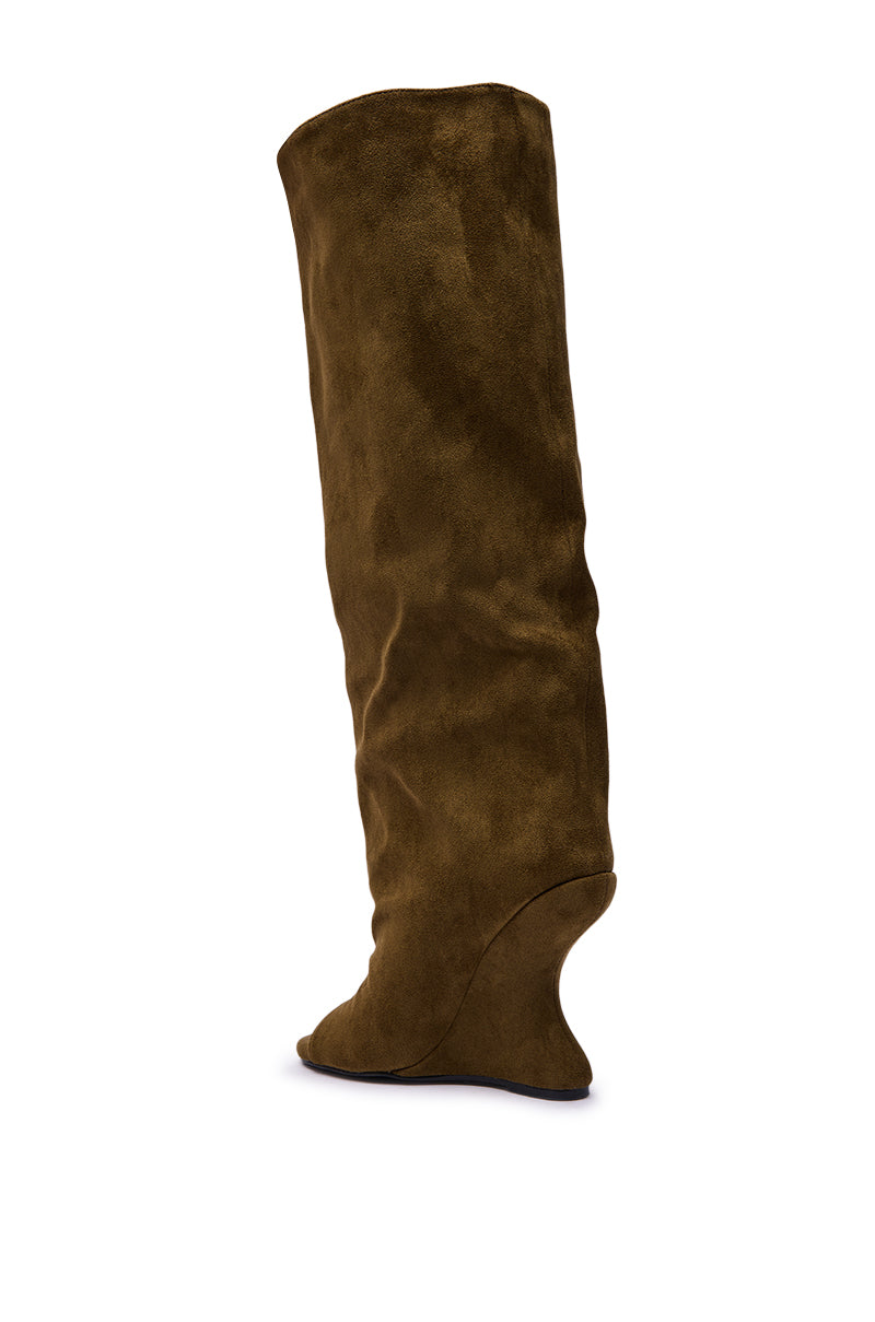 AZALEA WANG VINCENT OLIVE FAUX SUDED OPEN TOE WEDGE BOOT