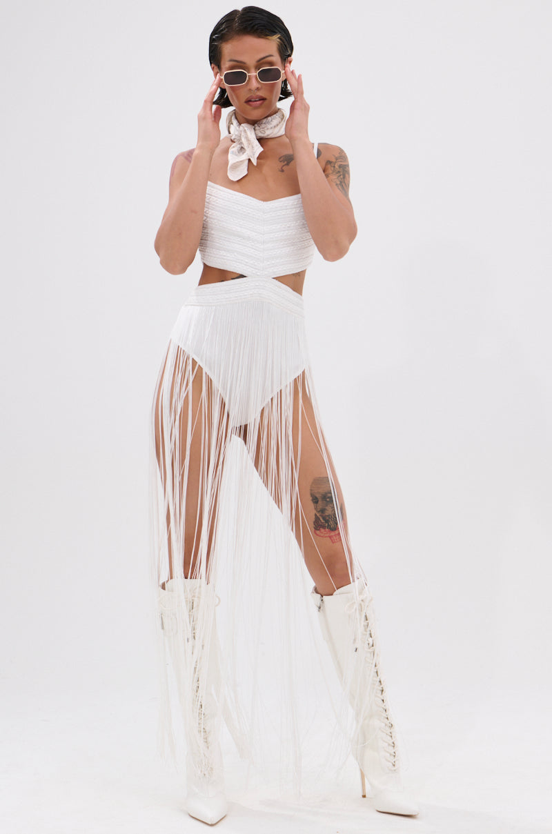 RODEO READY FRINGE MAXI DRESS IN WHITE