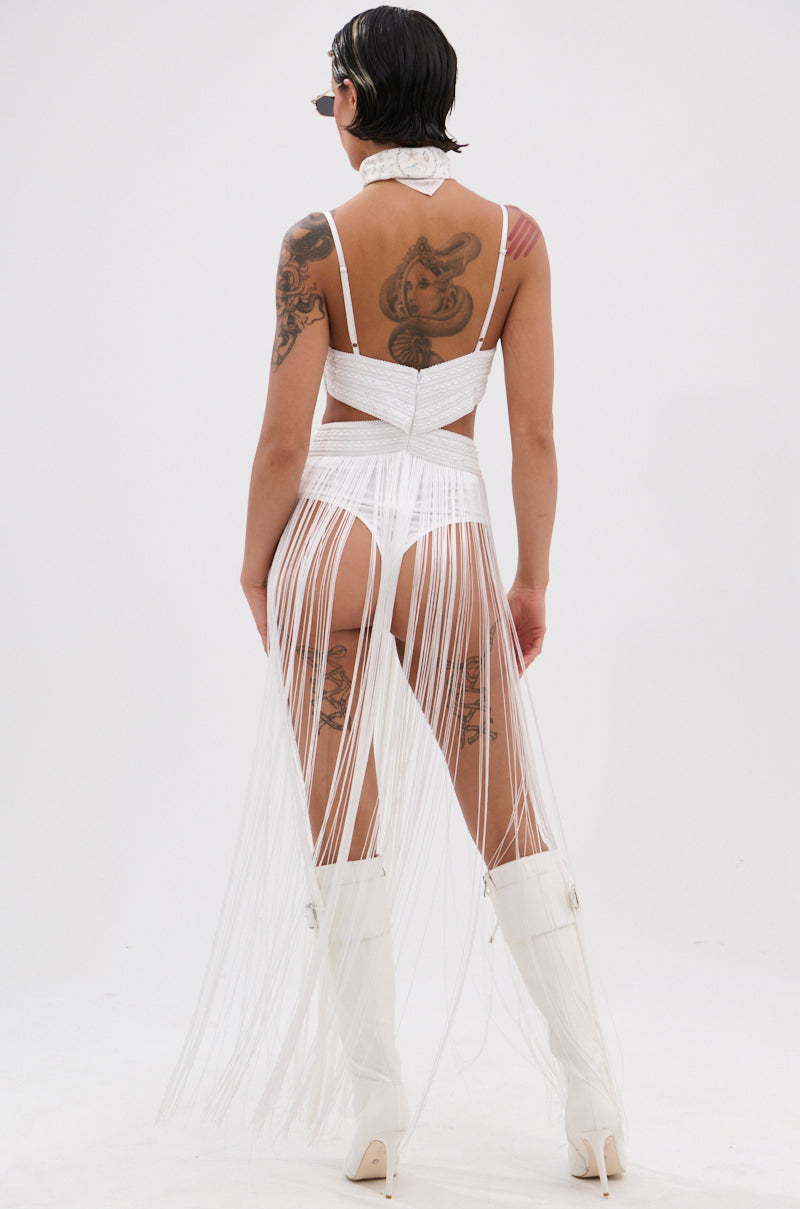 RODEO READY FRINGE MAXI DRESS IN WHITE