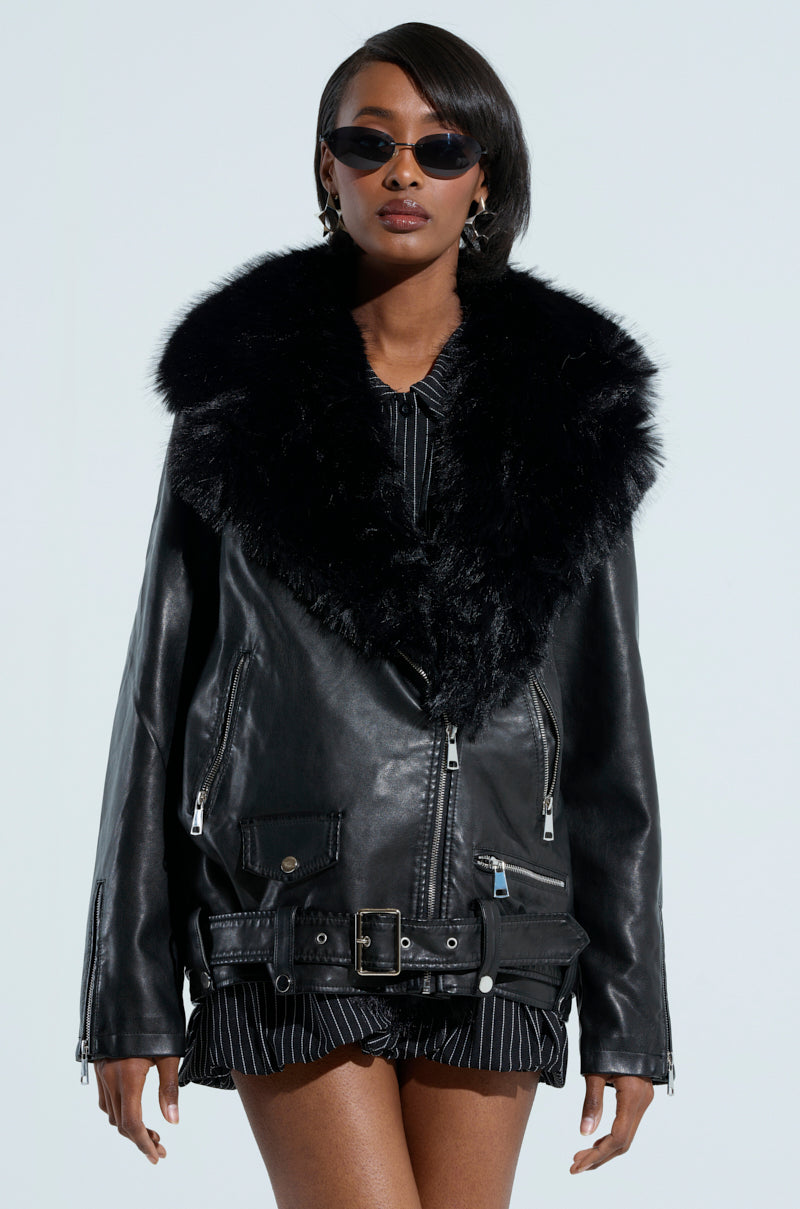 ON THE GO FUR TRIM MOTO IN BLACK