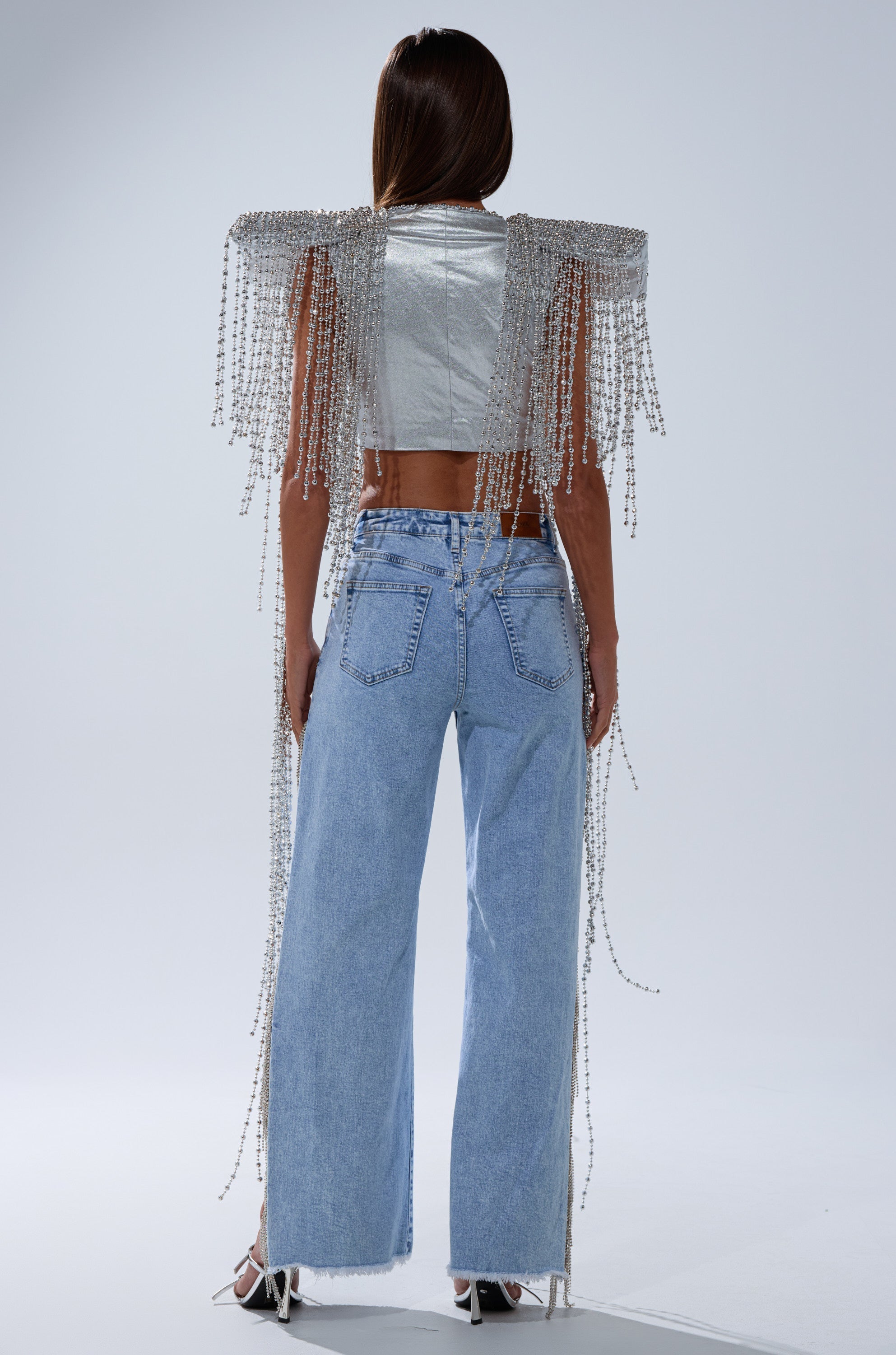 IN MY OWN LANE SILVER BEADED TOP