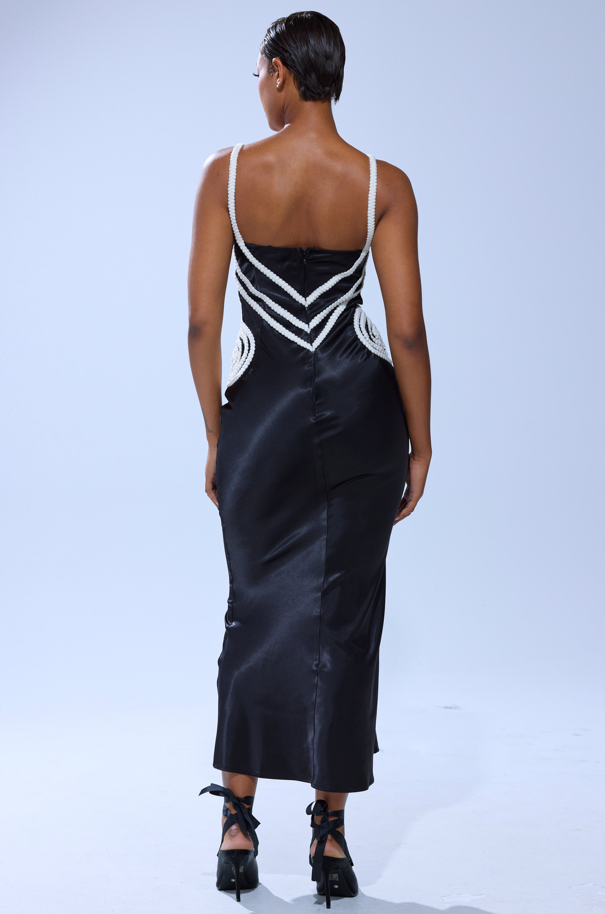REGAL ROPE DETAIL SATIN MIDI DRESS