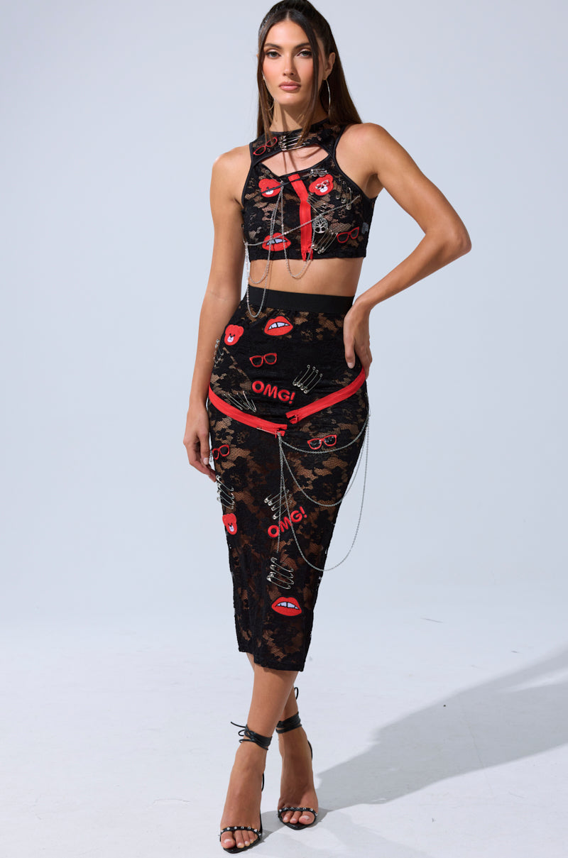 OMG LACE MAXI SKIRT WITH EMBELLISHMENTS