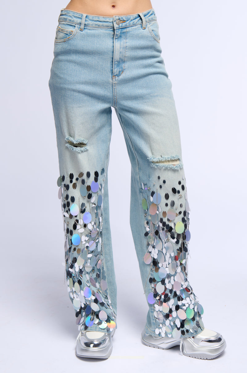 A GIRL NAMED LUCKY EMBELLISHED WIDE LEG RIPPED JEANS