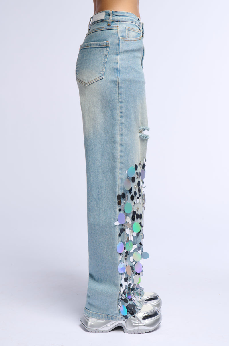 A GIRL NAMED LUCKY EMBELLISHED WIDE LEG RIPPED JEANS