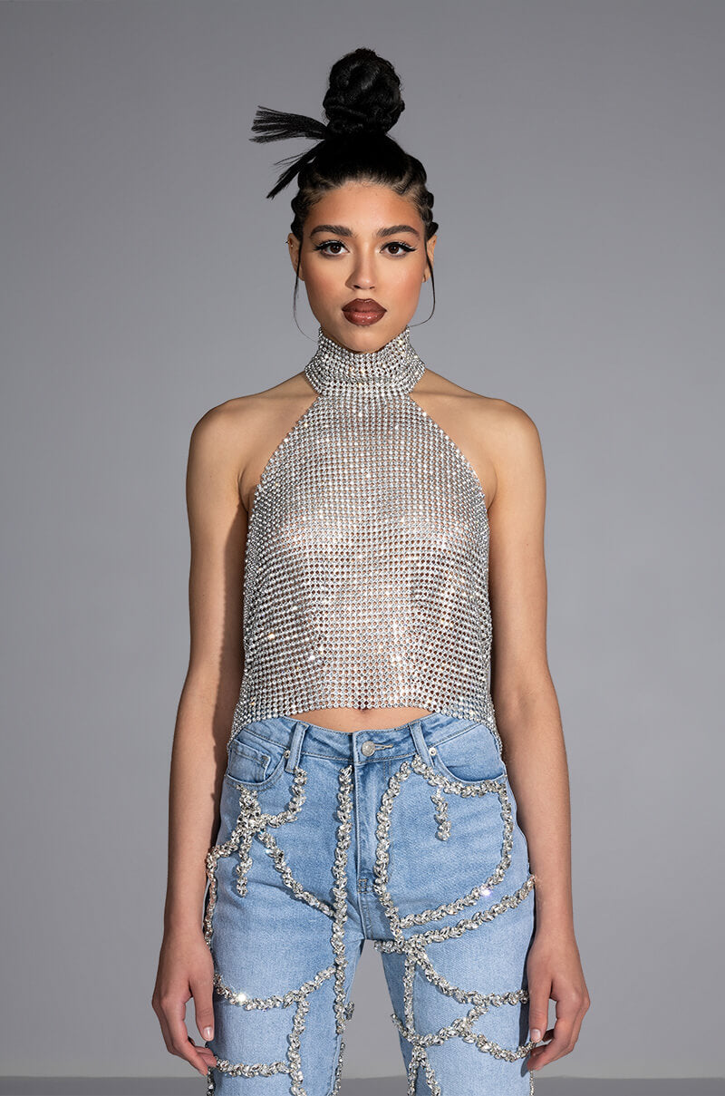 ABOVE ALL RHINESTONE HALTER TOP