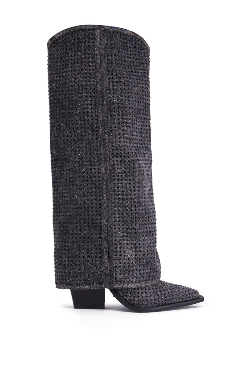AZALEA WANG CALCIFER GRAY RHINESTONE AND DENIM WESTERN BOOT
