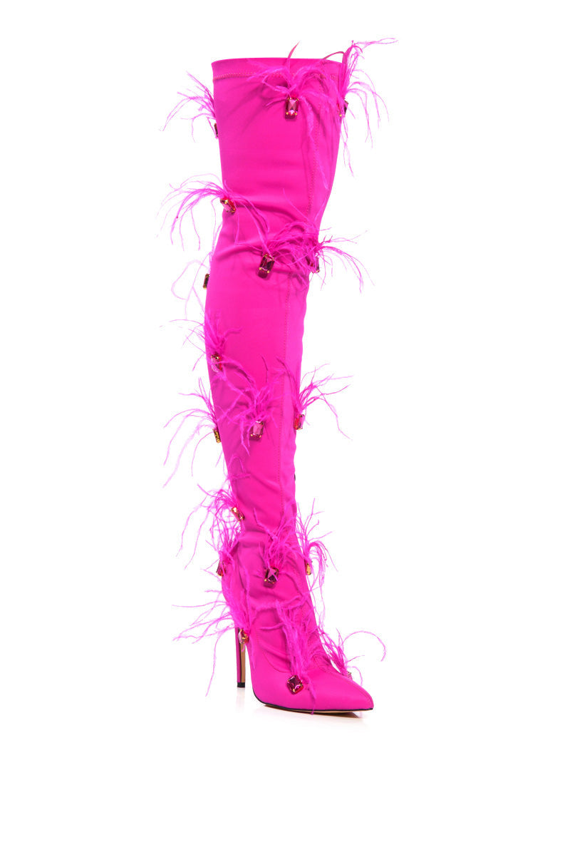 AZALEA WANG CAROLYN FEATHER EMBELLISHED PINK BOOT