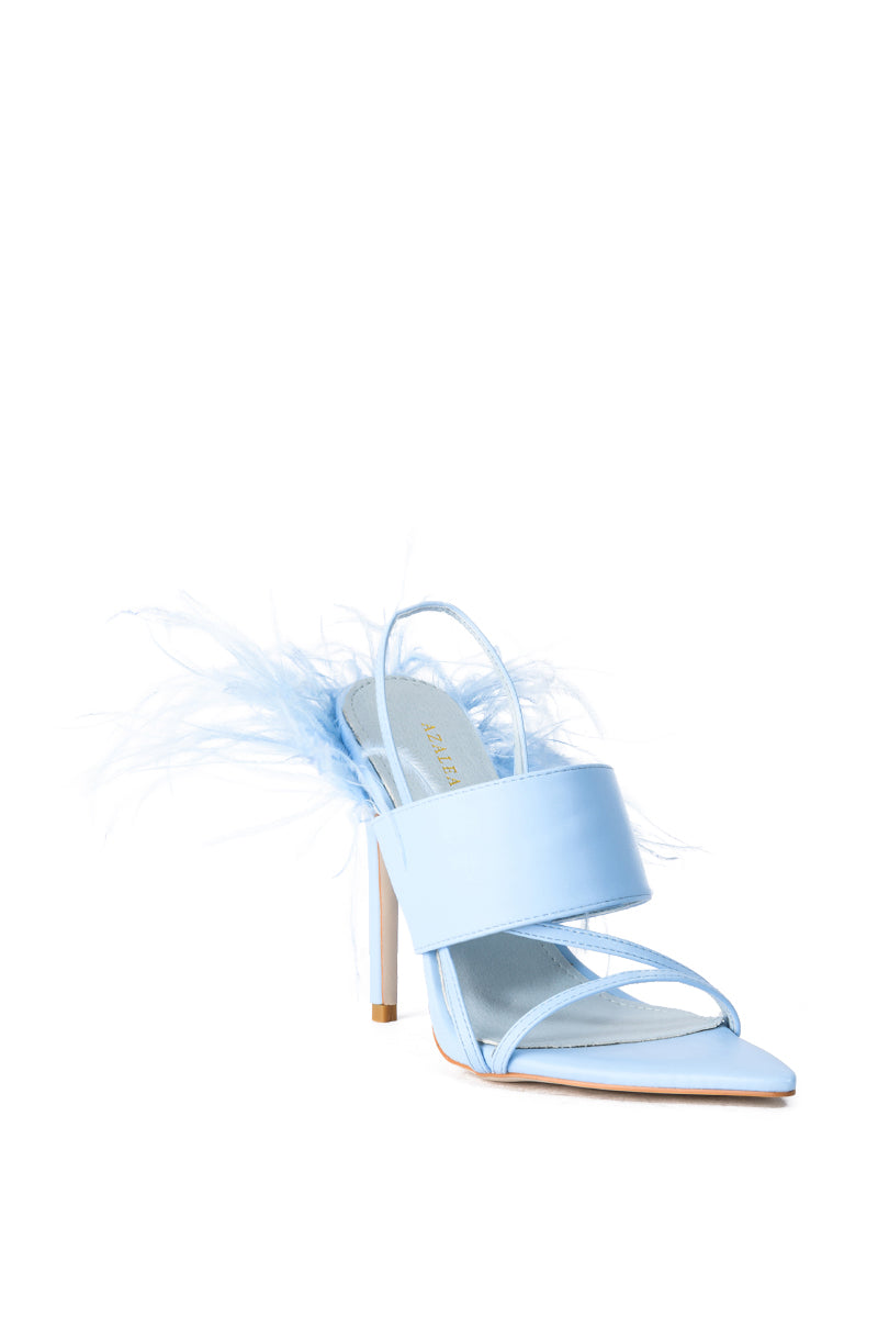 AZALEA WANG CHICK FEATHER DECOR POINTED TOE SANDAL IN BLUE