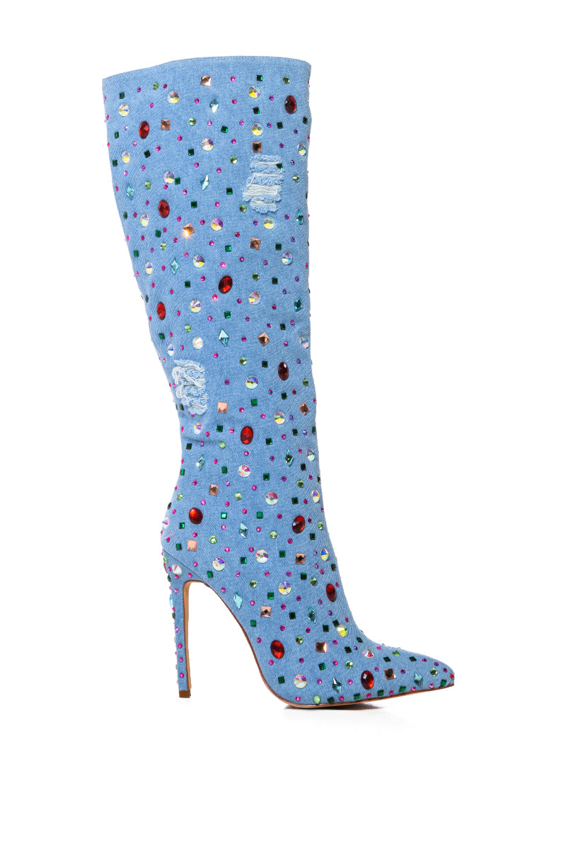 AZALEA WANG CHILI STILETTO EMBELLISHED BOOT IN DENIM