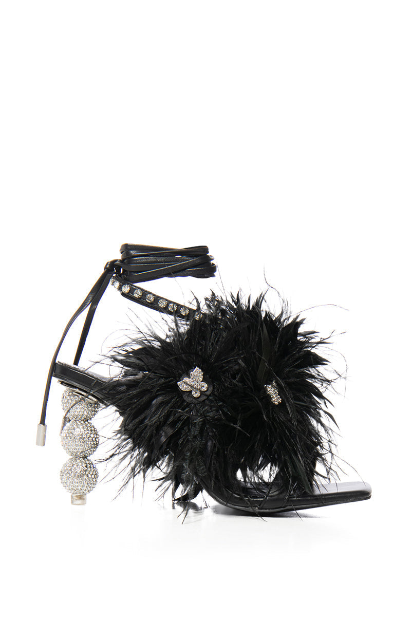 AZALEA WANG CLOVE BUTTERFLY EMBELLISHED FEATHER SANDAL IN BLACK