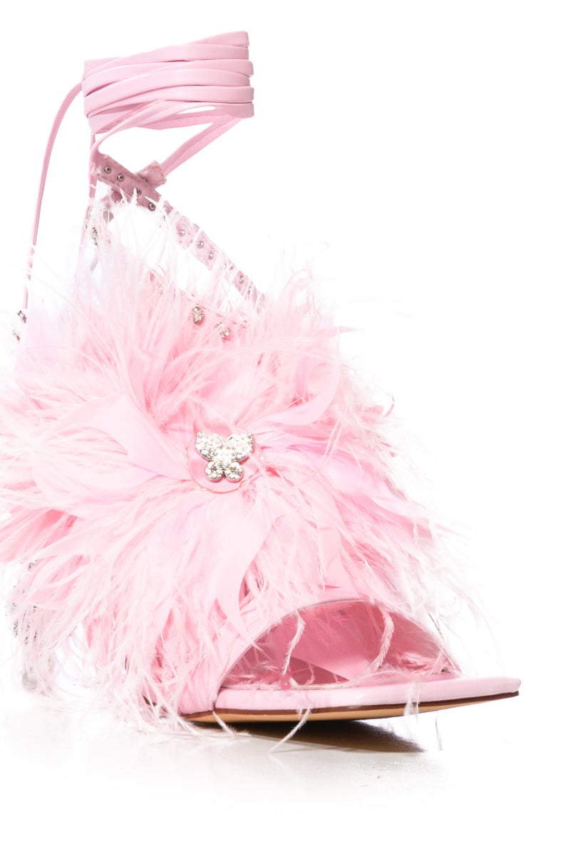 AZALEA WANG CLOVE BUTTERFLY EMBELLISHED FEATHER SANDAL IN PINK