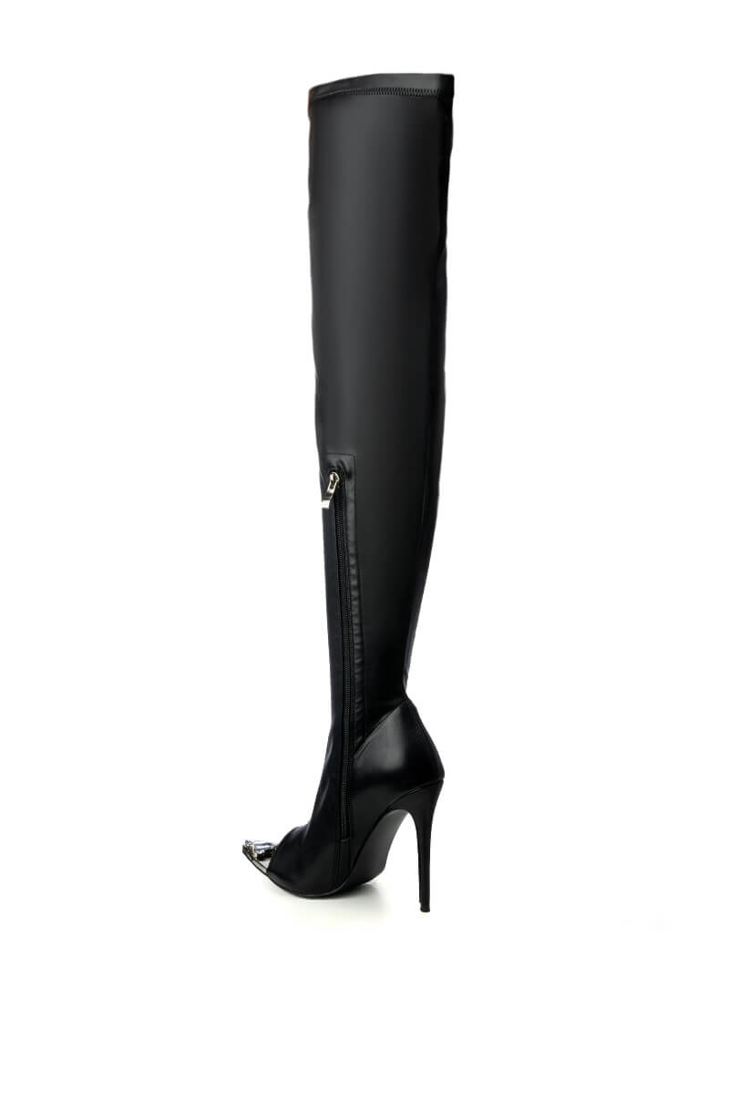 AZALEA WANG CLOVER THIGH HIGH OPEN TOE BOOT IN BLACK STRETCH
