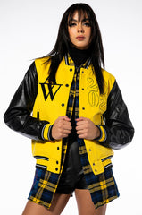 AZALEA WANG COLLEGIATE BLACK AND YELLOW VARSITY BOMBER