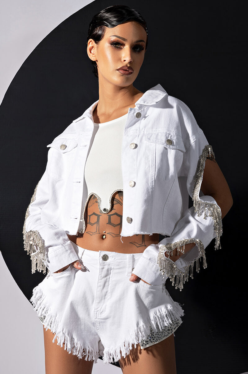 AZALEA WANG CUT OUT ARM RHINESTONE DENIM JACKET
