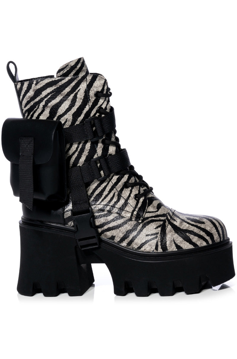 AZALEA WANG FOLLOW CHUNKY COMBAT BOOTIE IN ZEBRA