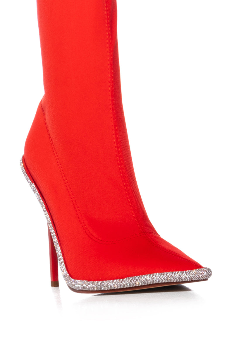 AZALEA WANG HOT TAMALE RED RHINESTONE TRIM BOOTIE