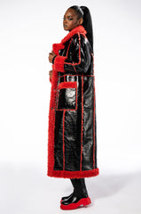 LONG PATENT TRENCH COAT WITH FUR TRIM