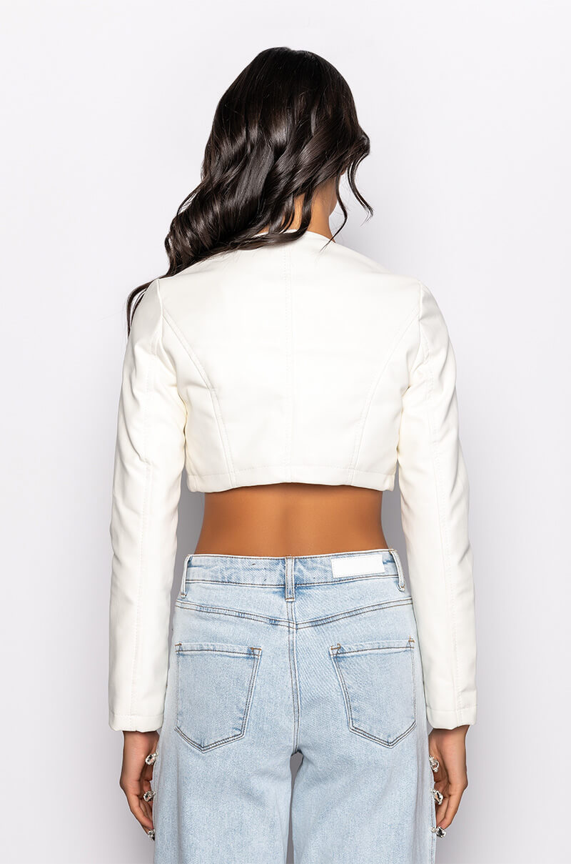 MASTER CROP ANGLE FAUX LEATHER BLAZER IN WHITE