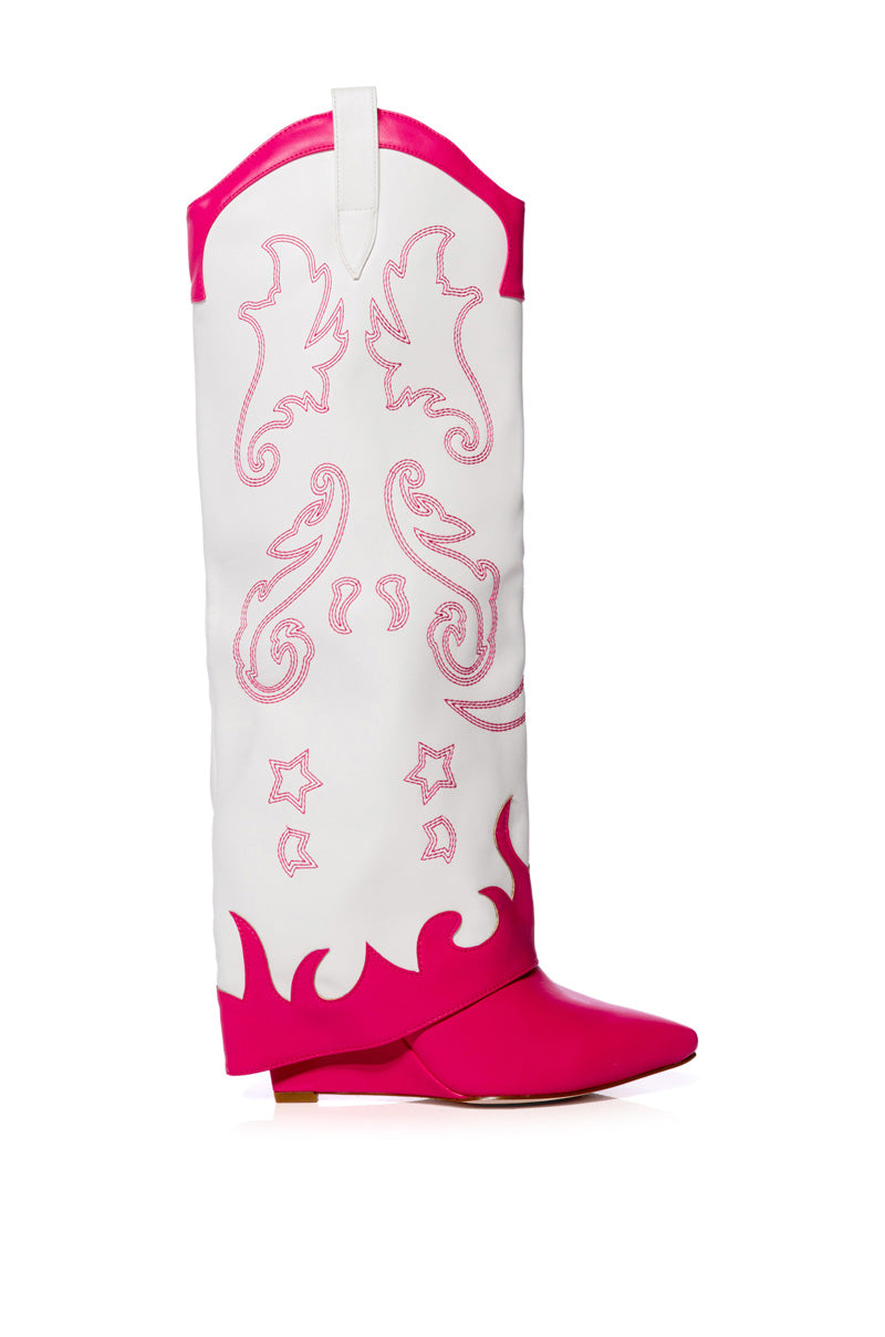 AZALEA WANG OUTLAND WESTERN WEDGE BOOT IN FUCHSIA WHITE