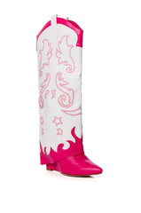 AZALEA WANG OUTLAND WESTERN WEDGE BOOT IN FUCHSIA WHITE