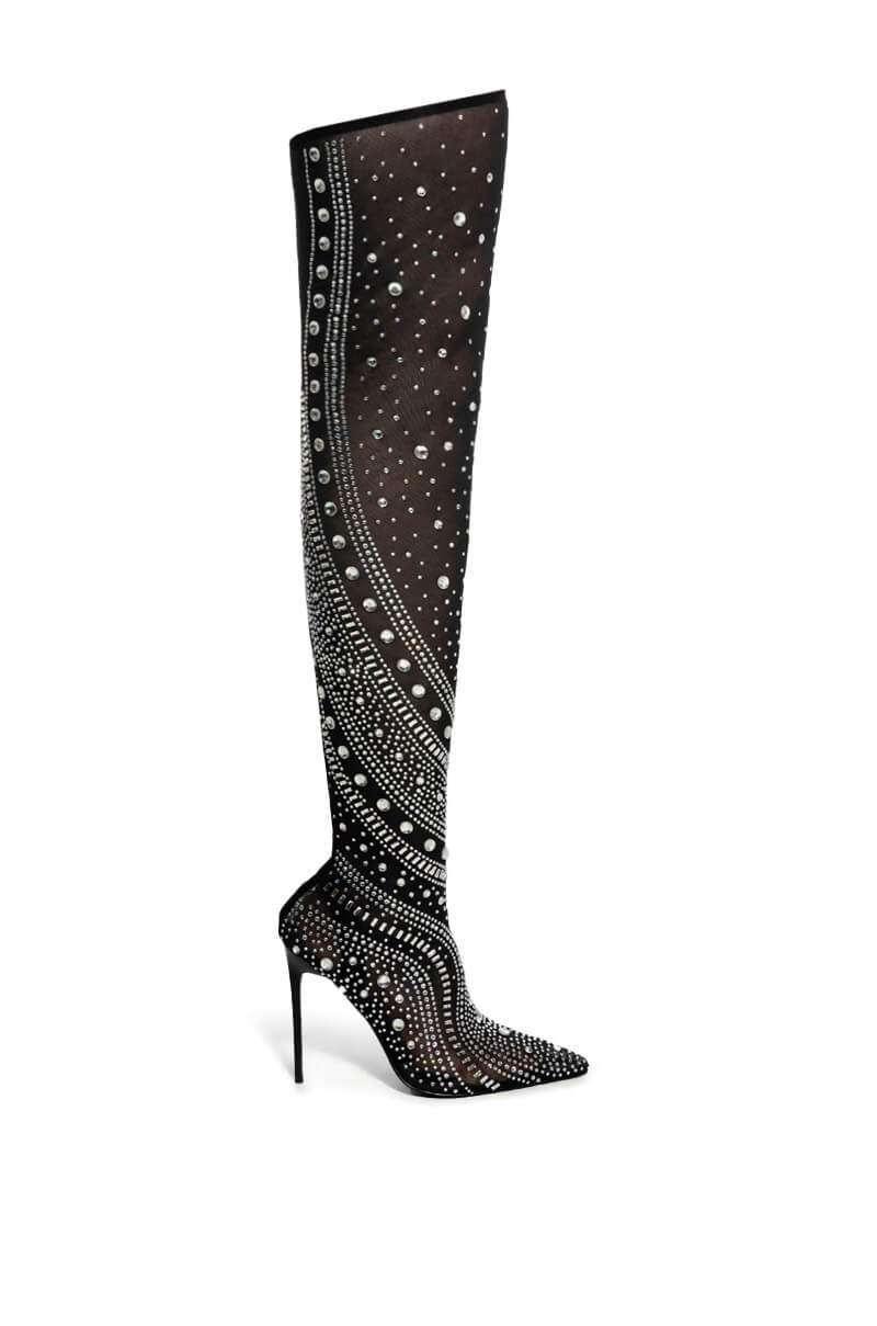 AZALEA WANG ROXY RHINESTONETHIGH HIGH STILETTO BOOT IN BLACK