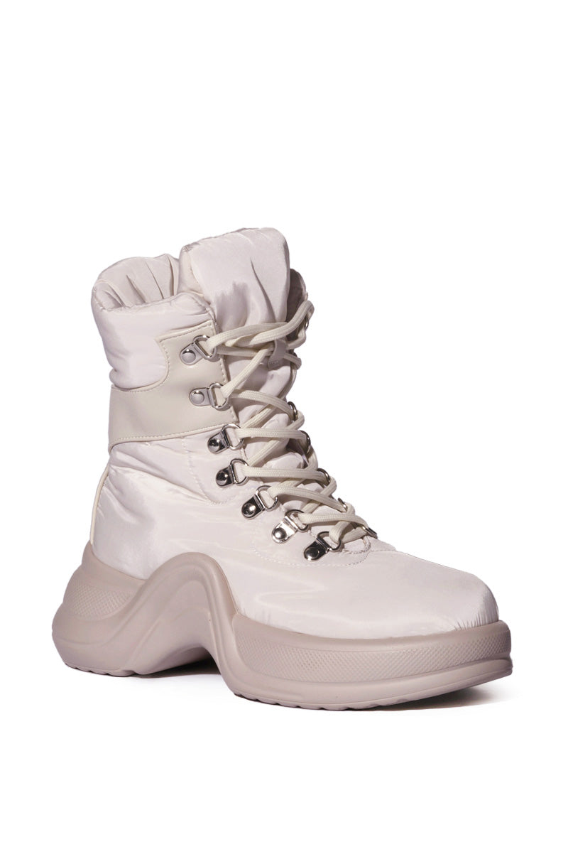 AZALEA WANG SKYLAR EDGY LACE UP BOOTIE IN SAND