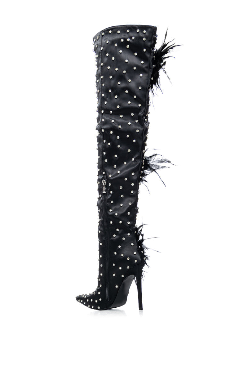 AZALEA WANG TARYN BLACK SATIN FEATHER FLOWER THIGH HIGH BOOT