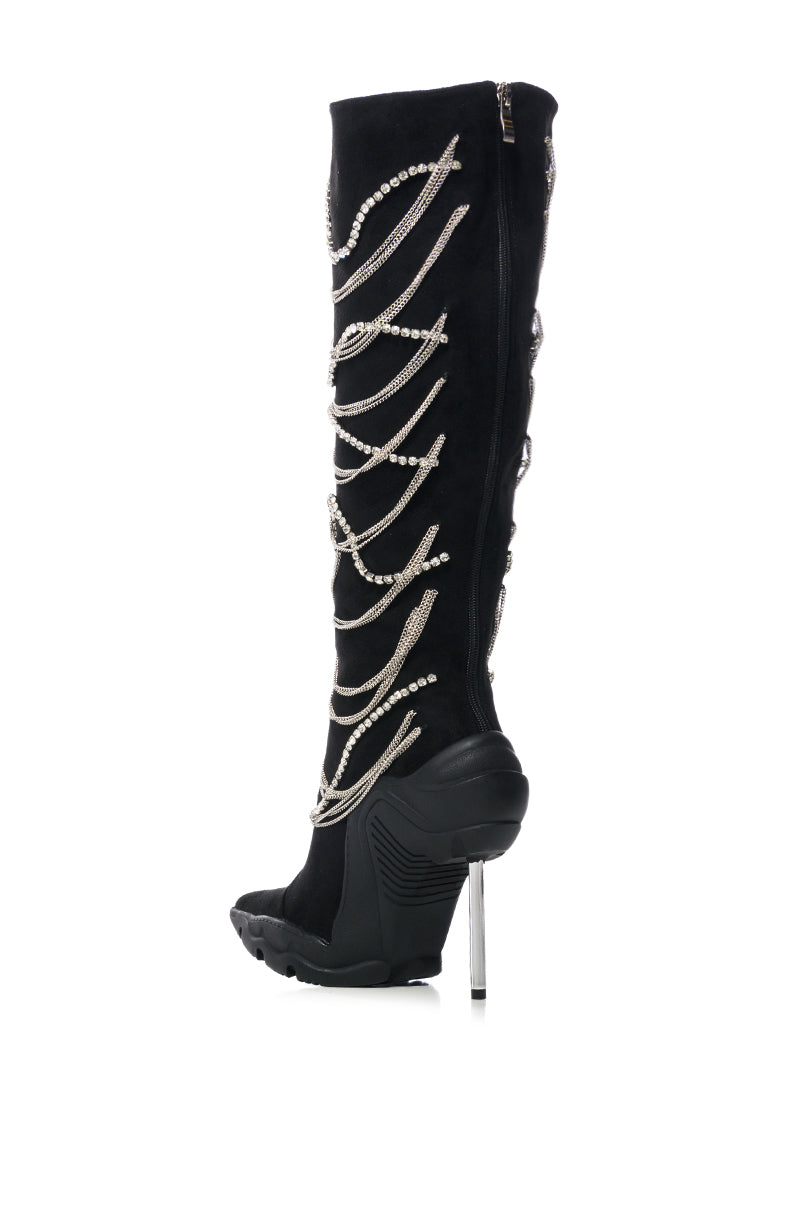 AZALEA WANG TATY BLACK CHAIN EMBELLISHED BOOT