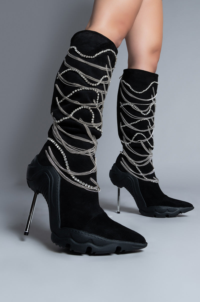 AZALEA WANG TATY BLACK CHAIN EMBELLISHED BOOT