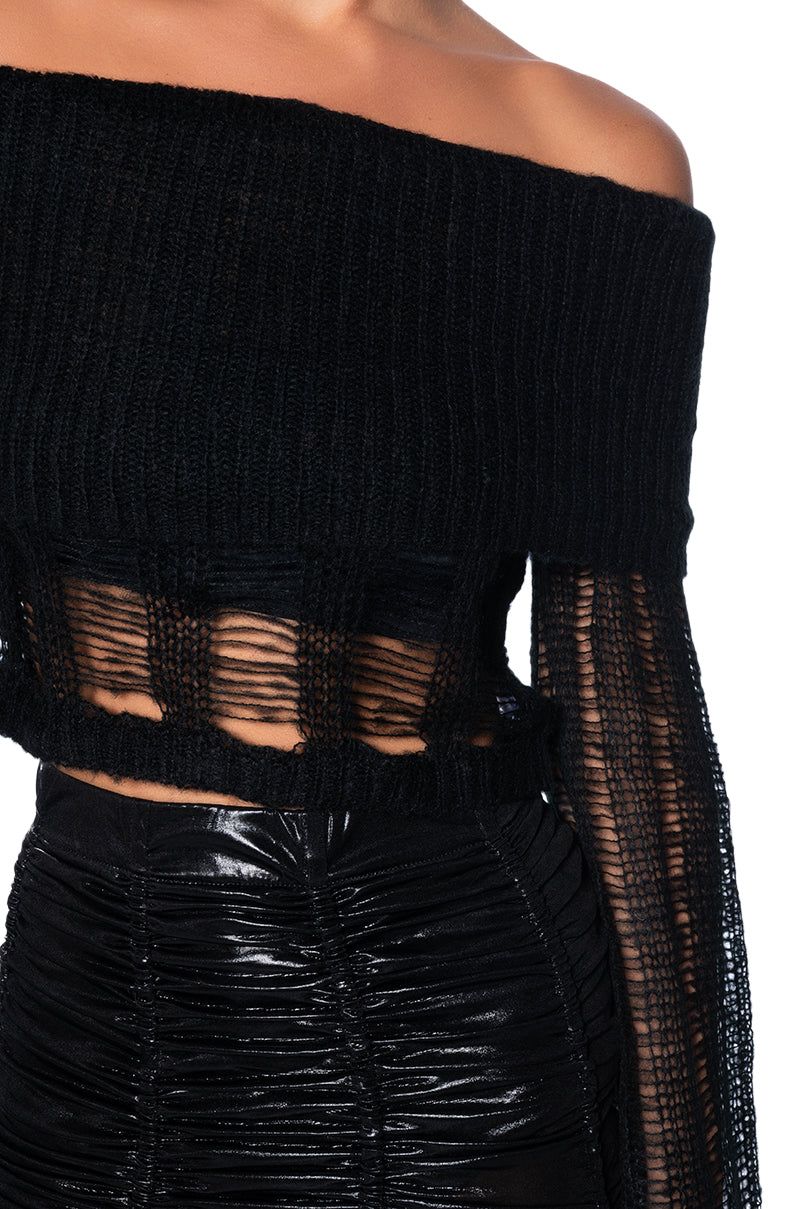 BAD INTENTIONS OFF THE SHOULDER DISTRESSED SWEATER