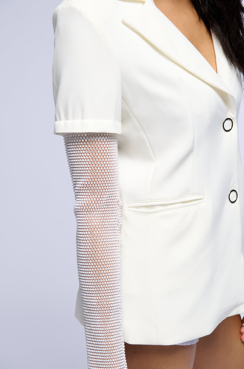 BONJOUR RHINESTONE SLEEVE BLAZER IN WHITE