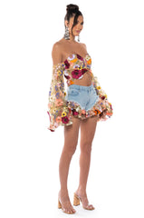 BOTANICAL BEAUTY CROPPED SHEER SLEEVE TOP