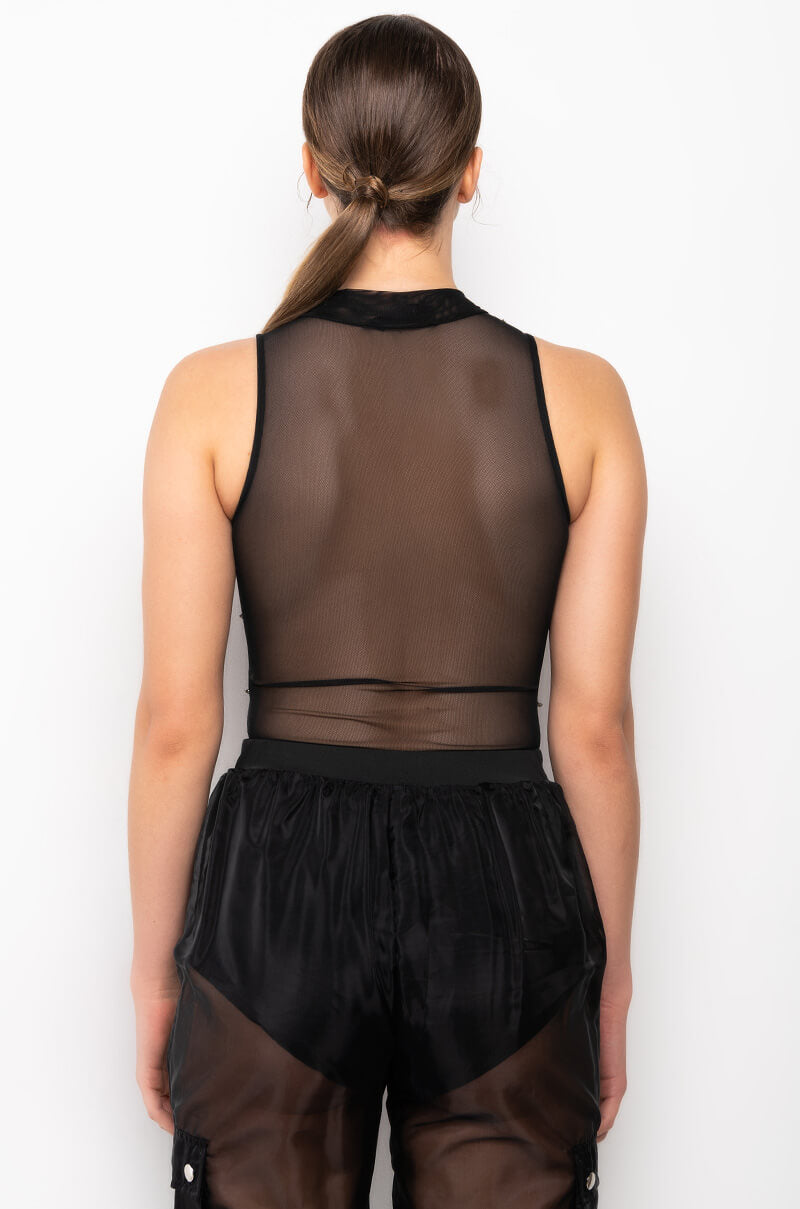 BOUT TIME RHINESTONE CHAIN SLEEVELESS MOCK NECK MESH BODYSUIT