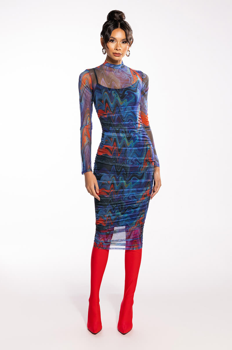 BREAK THE MOLD LONG SLEEVE RUCHED MESH MIDI DRESS