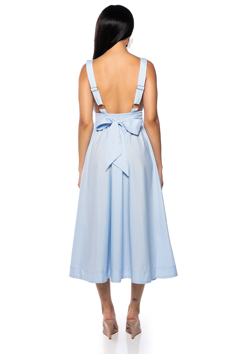 CAIDEN TIE FRONT MIDI DRESS IN BLUE