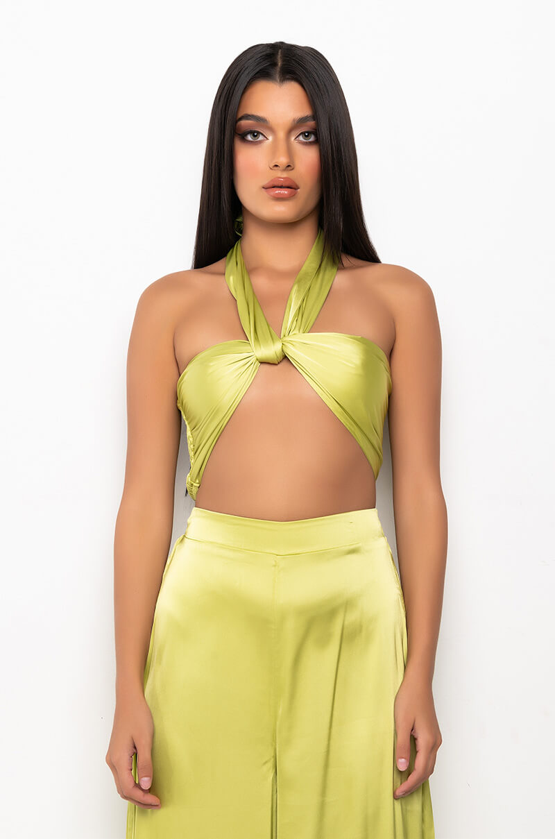 CANT RELATE TWIST FRONT SATIN CROP TOP