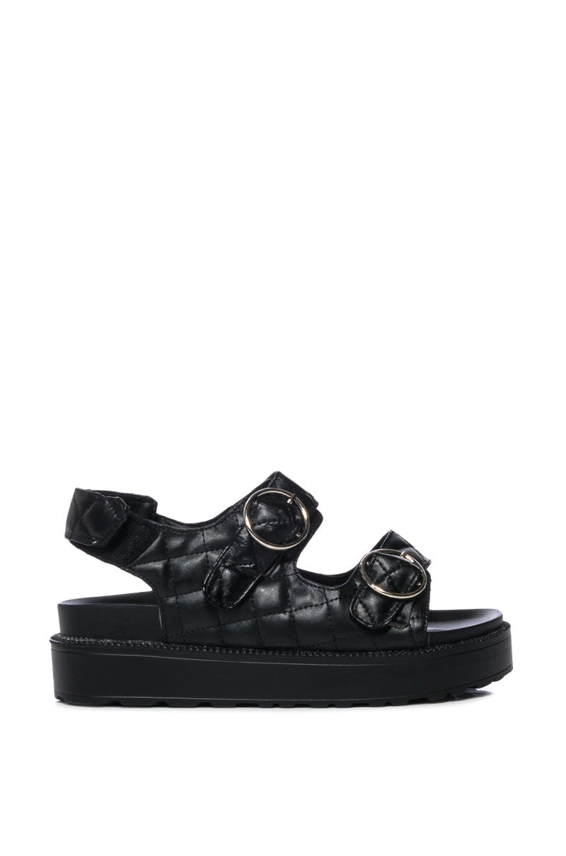 ROSE QUILTED BUCKLE DECOR FLAT SANDAL IN BLACK