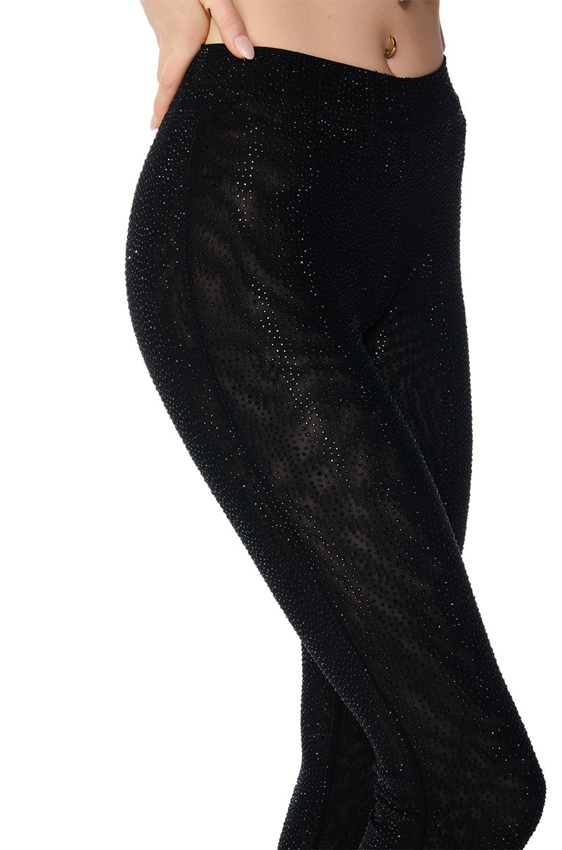 CLARISSA EMBELLISHED MESH LEGGINGS IN BLACK