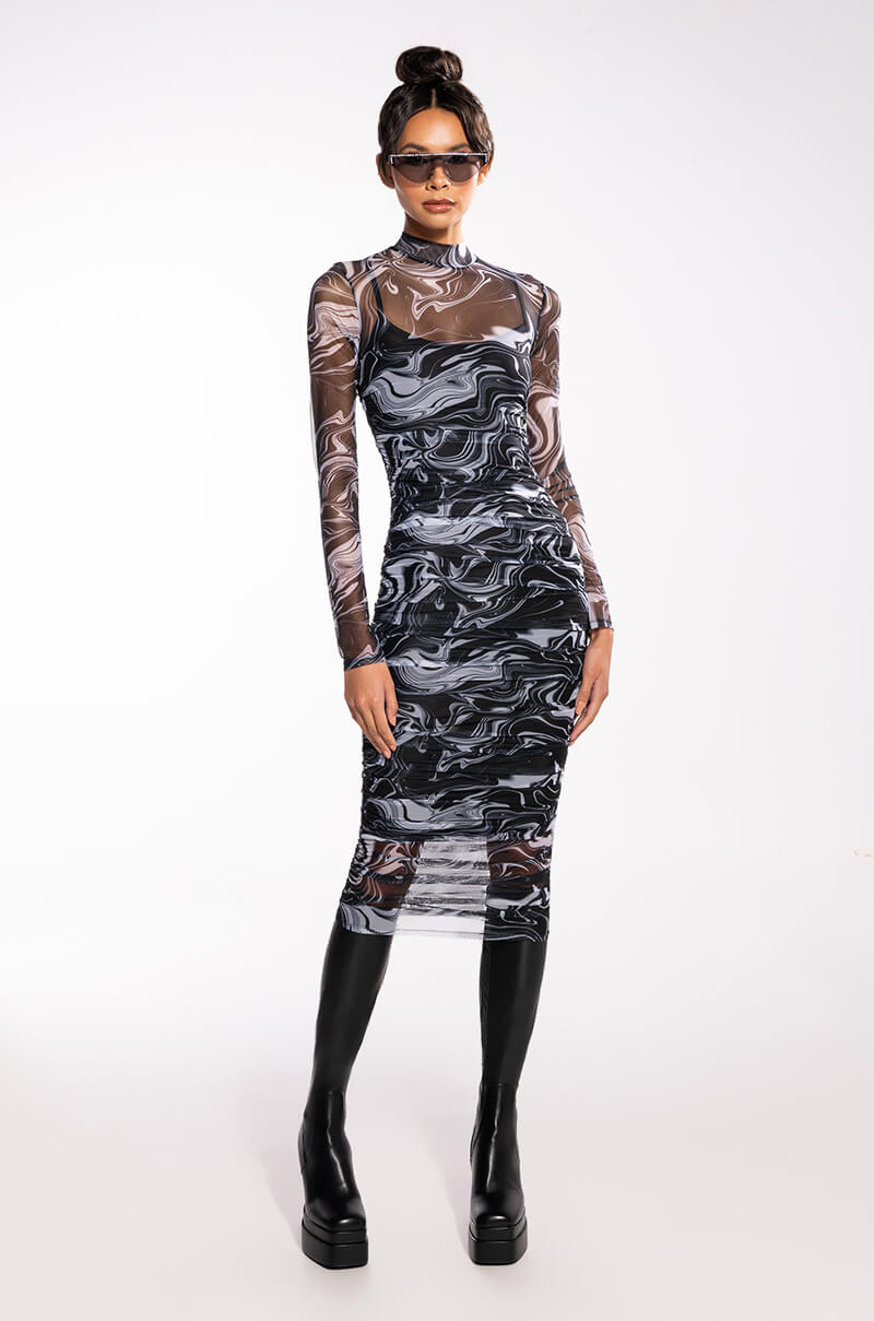 CONFIDENCE IS KEY LONG SLEEVE RUCHED MESH MIDI DRESS