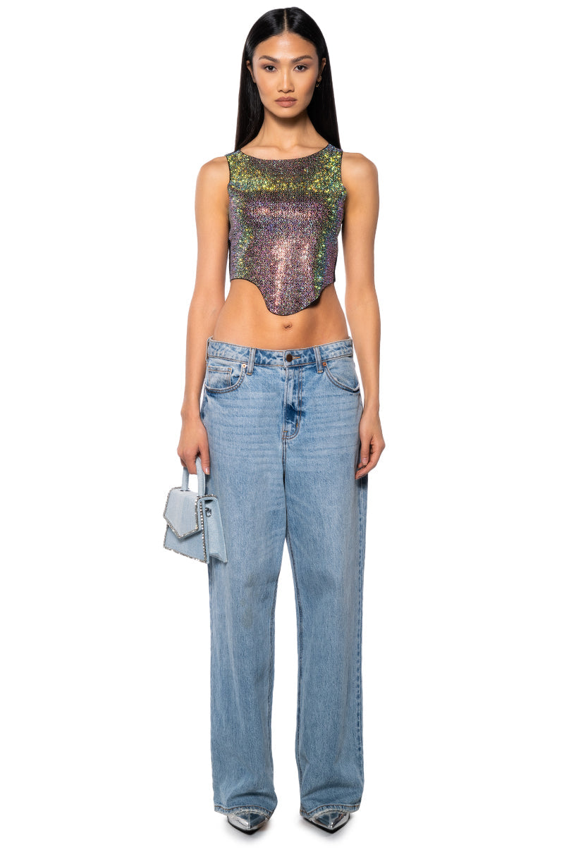 COSMIC ENERGY CROPPED CUT OFF RHINESTONE TANK IN BLACK