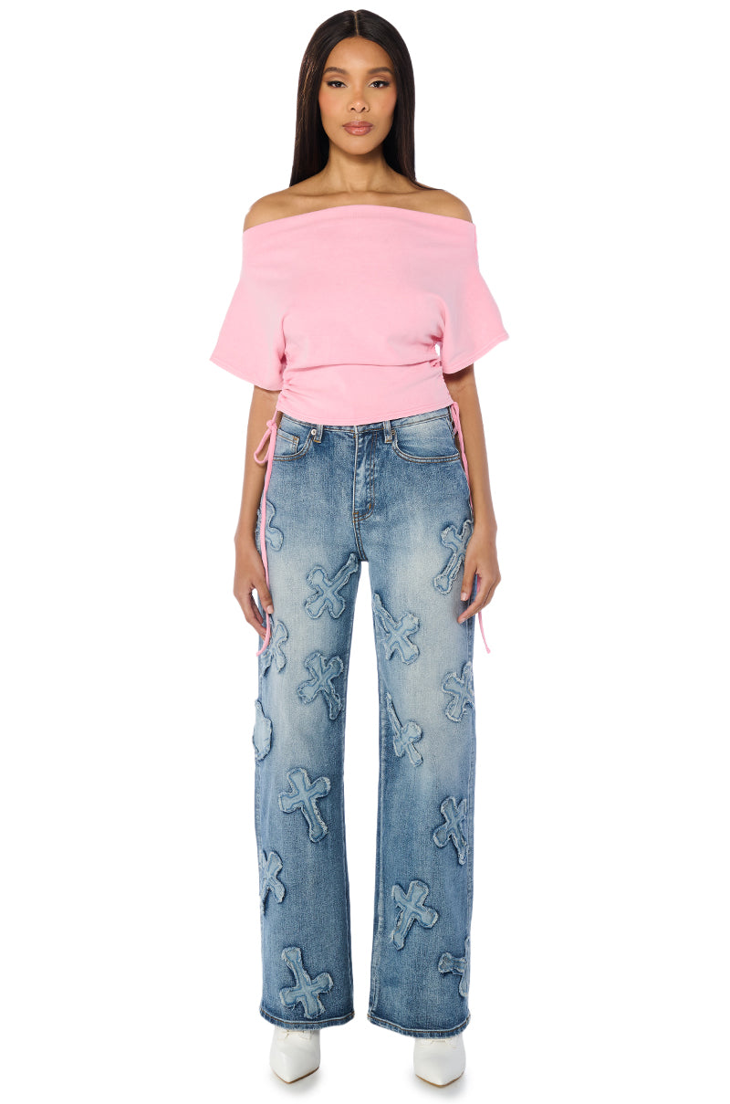 CRAZY IN LOVE SHORT SLEEVE OFF THE SHOULDER TSHIRT IN PINK