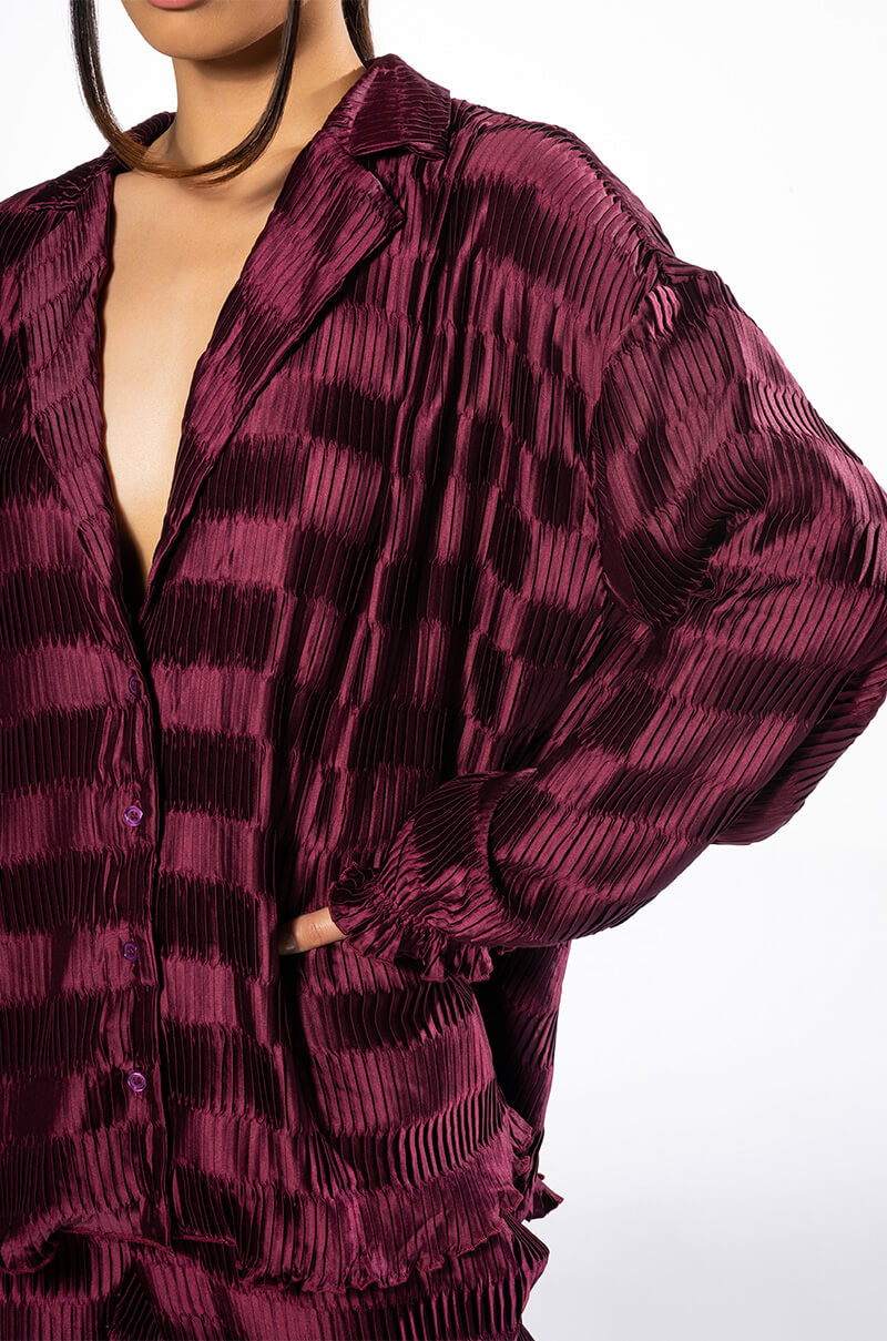 CRINKLE SATIN LONG SLEEVE BUTTON DOWN BLOUSE