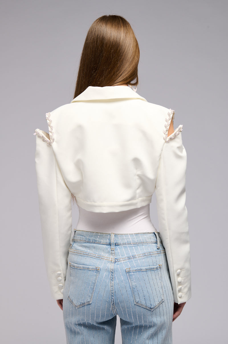 CROP COLD SHOULDER BLAZER WTIH RHINESTONE
