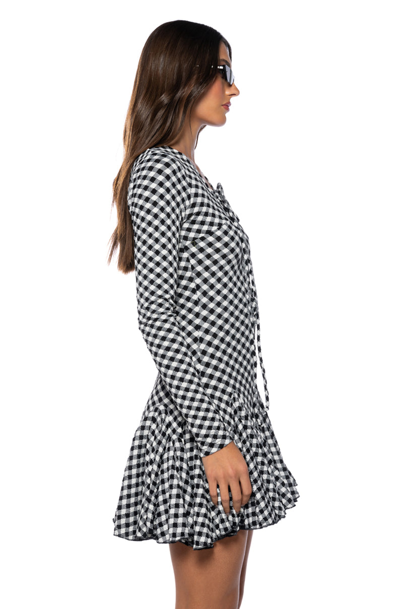 DINNER FOR TWO LACE UP MINI DRESS