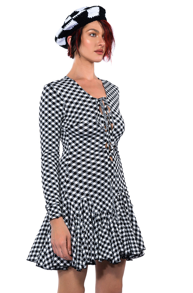 DINNER FOR TWO LACE UP MINI DRESS