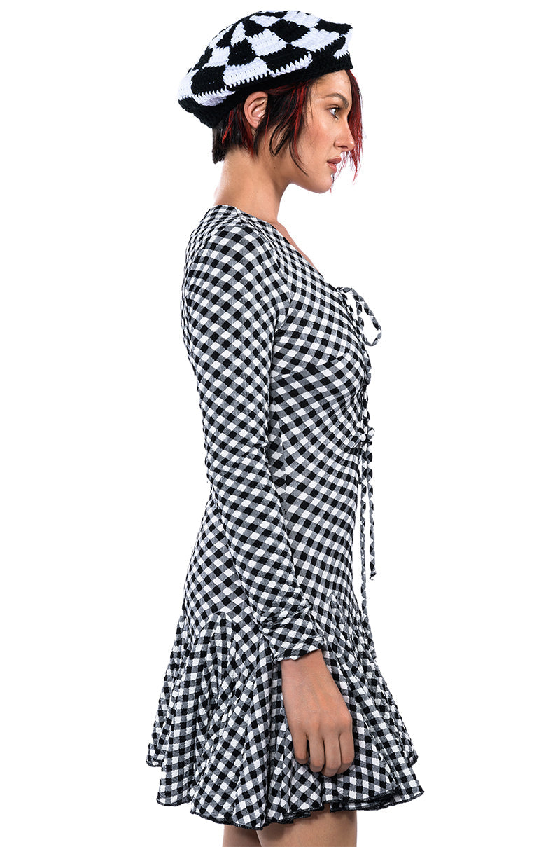 DINNER FOR TWO LACE UP MINI DRESS